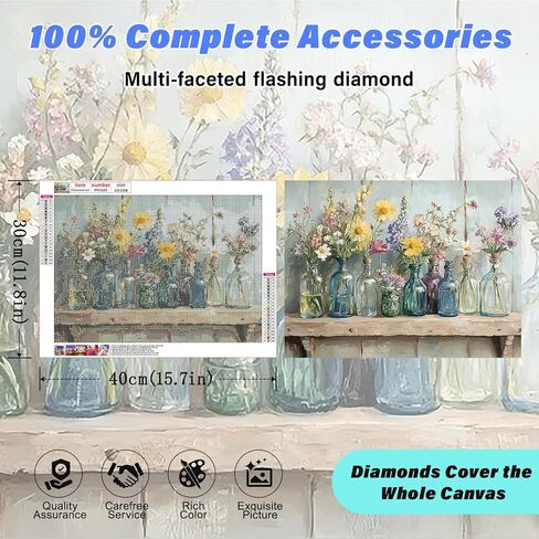 RYMILIE Rustic Country-Style Flowers Diamond Art,Charming Vintage Wildflower Glass Bottle Diamond Art Kits for Adults Beginner,5D DIY Full Drill Diamond Painting Gem Art, Home Wall Art (12x16 inch) in Saudi Arabia