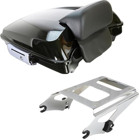 5.5'' Vivid Black Razor Tour Trunk Chrome Latches W/Backrest Pad Fit for Harley Touring Road Glide Street Glide Electra Glide Road King 1997-2008 (Razor Tour LuggageTrunk +Mounting Rack(1997-2008)) in Saudi Arabia