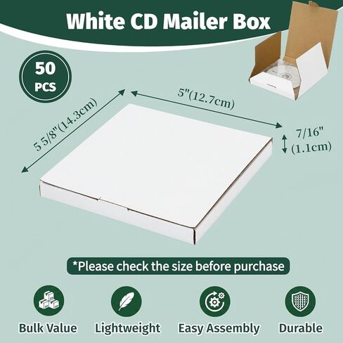 50 PCS 5 5/8"L× 5"W ×7/16"H CD Mailer Box, White CD Shipping Boxes, Corrugated Cardboard Box for CDs Jewel Case, Moving, Shipping, Packaging, Storage, Small Business in Kuwait
