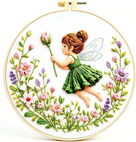Zhenqing Green Flower Fairy Embroidery Kit for Beginners, Pre-Printed 29x29cm Cotton Fabric with 20cm Hoop, Whimsical Fairy Design with Flowers (JC0055 in Kuwait