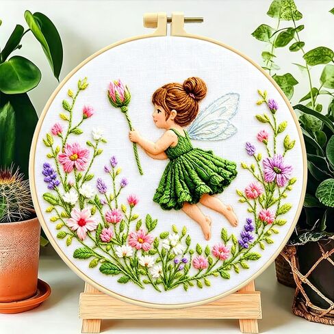 Zhenqing Green Flower Fairy Embroidery Kit for Beginners, Pre-Printed 29x29cm Cotton Fabric with 20cm Hoop, Whimsical Fairy Design with Flowers (JC0055 in Kuwait