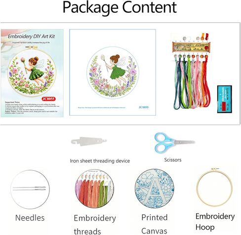 Zhenqing Green Flower Fairy Embroidery Kit for Beginners, Pre-Printed 29x29cm Cotton Fabric with 20cm Hoop, Whimsical Fairy Design with Flowers (JC0055 in Kuwait