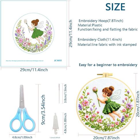 Zhenqing Green Flower Fairy Embroidery Kit for Beginners, Pre-Printed 29x29cm Cotton Fabric with 20cm Hoop, Whimsical Fairy Design with Flowers (JC0055 in Kuwait