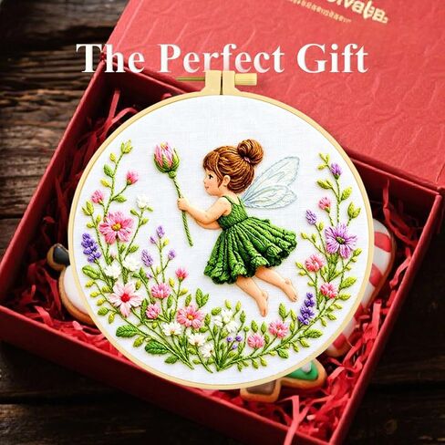 Zhenqing Green Flower Fairy Embroidery Kit for Beginners, Pre-Printed 29x29cm Cotton Fabric with 20cm Hoop, Whimsical Fairy Design with Flowers (JC0055 in Kuwait