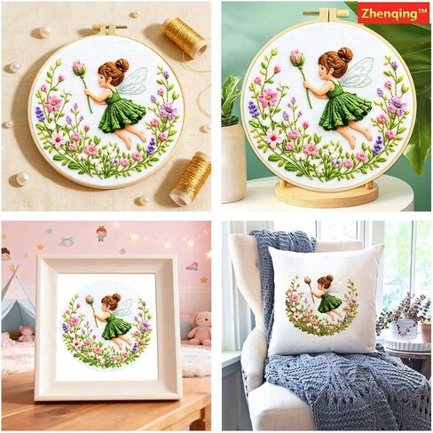 Zhenqing Green Flower Fairy Embroidery Kit for Beginners, Pre-Printed 29x29cm Cotton Fabric with 20cm Hoop, Whimsical Fairy Design with Flowers (JC0055 in Kuwait