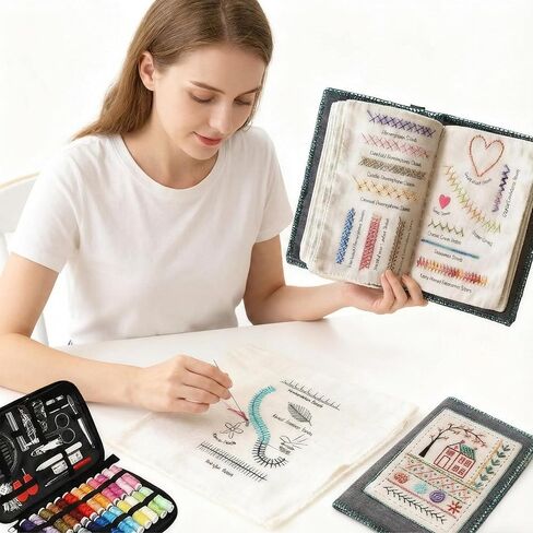 trumpisame DIY Embroidery Stitch Practice Book Kit - Learn 106 Stitches Manual, 86Pcs Complete Starter Set with Magnifier, Metal Thimble, Pre-Printed Linen Pages&106 Floral Patterns in Kuwait