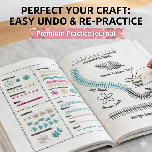 trumpisame DIY Embroidery Stitch Practice Book Kit - Learn 106 Stitches Manual, 86Pcs Complete Starter Set with Magnifier, Metal Thimble, Pre-Printed Linen Pages&106 Floral Patterns in Kuwait