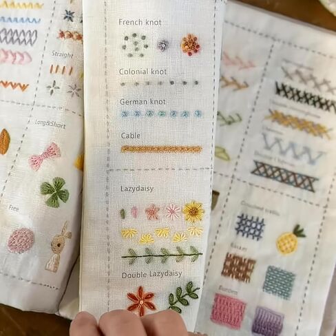 trumpisame DIY Embroidery Stitch Practice Book Kit - Learn 106 Stitches Manual, 86Pcs Complete Starter Set with Magnifier, Metal Thimble, Pre-Printed Linen Pages&106 Floral Patterns in Kuwait