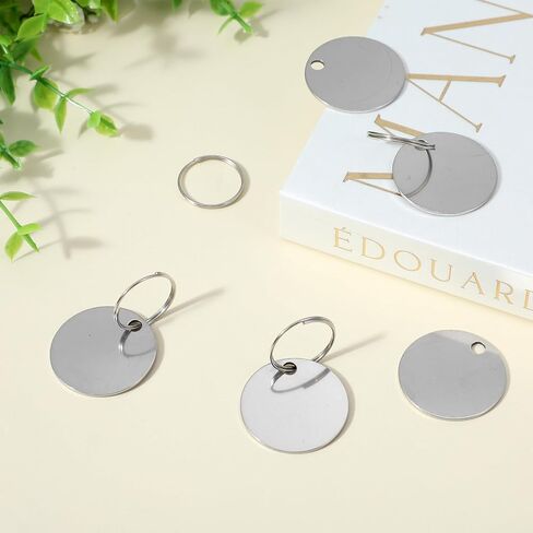Afcabakila 100 Pcs Metal Tags for Engraving, 1.2 Inch Stainless Steel Dog Tags Blank with Hole, Polished Round Metal Engraving Blanks for Jewelry Making & Keychains, Silver in Saudi Arabia