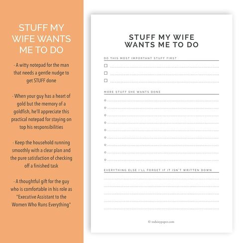 Todaisy Paper Stuff My Wife Wants Me To Do Notepad - 5.5 x 8.5 Funny Husband, 50 Tear-Off Sheets - Relatable To-Do List & Task Tracker for Men - Minimalist Groom, Anniversary, or Gag Gift for Him in Kuwait