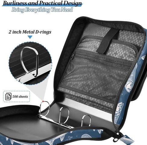 ALAZA Sharks Zipper Binder 3 Ring Binder Organizer مع سحاب وحزام كتف سعة كبيرة متعددة الجيوب للعمل في اللوازم المكتبية in Kuwait