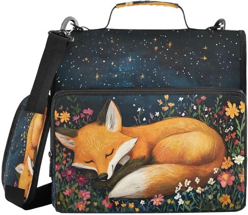 ALAZA Sleeping Fox Flower Blossom Zipper Binder 3 حلقات منظم مع سحاب وحزام كتف سعة كبيرة متعددة الجيوب للعمل في اللوازم المكتبية in Kuwait