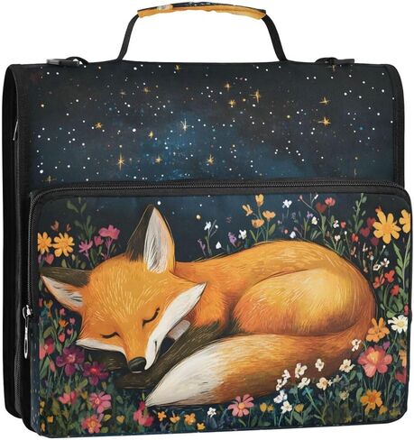 ALAZA Sleeping Fox Flower Blossom Zipper Binder 3 حلقات منظم مع سحاب وحزام كتف سعة كبيرة متعددة الجيوب للعمل في اللوازم المكتبية in Kuwait