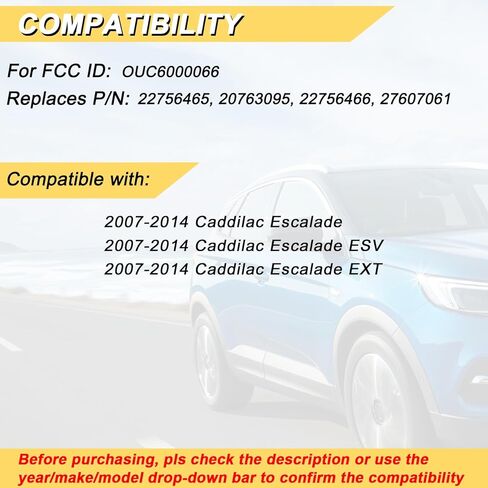 Vurkcy Key Fob Replacement for 2007-2014 Caddilac Escalade ESV EXT Car Keyless Entry Remote Control, OUC6000066, 6 Buttons, 2Pcs in Kuwait