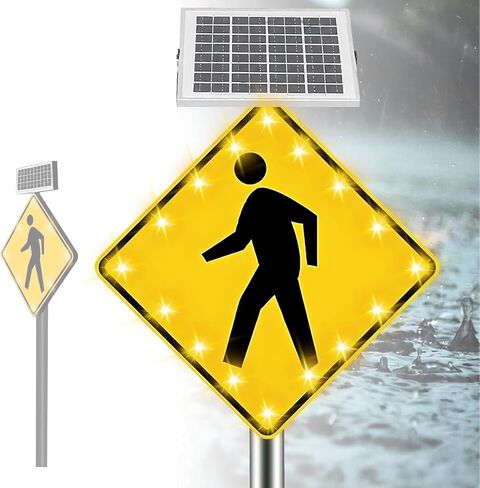 Solar LED Pedestrian Crossing Sign - 24" Bright Aluminum Traffic Safety Sign with Reflective Film, IP65 Waterproof, Energy-Efficient Light for Enhanced Road Visibility in Kuwait