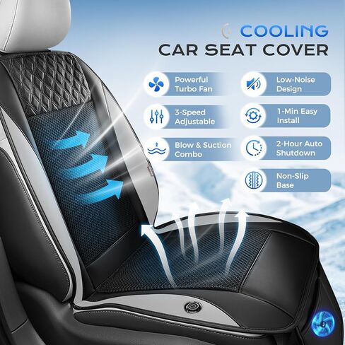 Coverado Cooling Car Seat Cover with High-Velocity Turbo Fan, Powerful Blowing & Suction Pad, 12V-24V Ventilated Cushion, 3-Speed Adjustable Airflow, Universal Fit for Car SUV Truck Van（Gray） in Kuwait