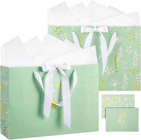 woric 13.7'' Sage Green Gift Bags for Women, 2 Pack Large Gift Bag with Handles Tissue Paper Cards for Wedding Bridal Shower Birthday Baby Showers Special Occasions in Kuwait