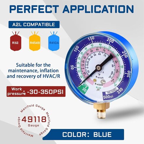 Upgrade 49118 A2L Manifold Gauge - Blue, 3-1/8" (80 mm) Gauges, Compatible with R32, R454B, R410A Professional HVAC/R Tool, Working Pressure -30-350PSI, 1/4" Npt Thread, Color-Coded Scales in Saudi Arabia