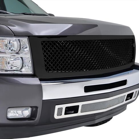 Spec-D ضبط شبكي ABS لامع أسود أمامي غطاء محرك السيارة 1 قطعة متوافق مع 2007-2013 تشيفي سيلفرادو 1500 in Kuwait