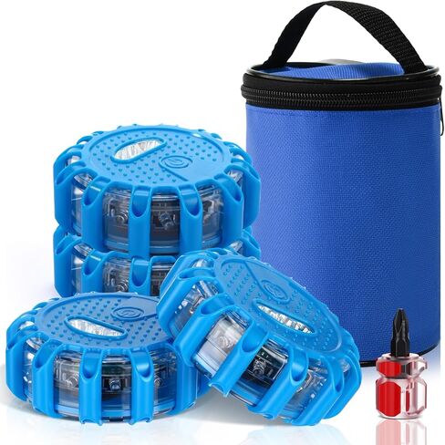 Tallew 4 Pack LED Road Flares Emergency Light Kit 9 Glow Modes Flashing Safety Warning Beacon Magnet Hook Vehicle Boat Truck Disc Magnetic Flash Cars Security Driveway Automotive Strobe (Blue) in Kuwait
