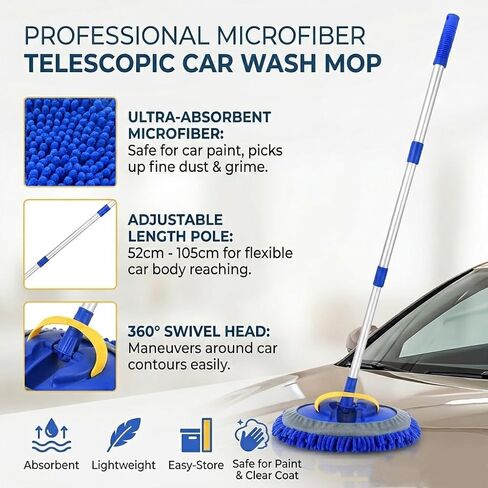 TORVA 41" Car Cleaning Brush with Telescopic Handle Aluminum Alloy Long Rod, Chenille Microfiber Car Wash Mop for Washing Caravan Van Truck Boat RV Roof, Soft Head Duster Clean Product in Saudi Arabia