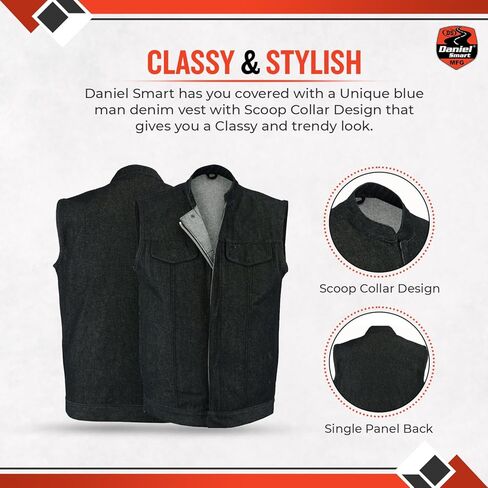 Daniel Smart Biker Vest for Men Rough Blue & Black Denim Vest with Unique Scoop Collar Design & Concealment inside in Kuwait