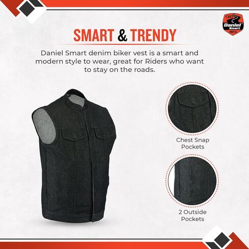 Daniel Smart Biker Vest for Men Rough Blue & Black Denim Vest with Unique Scoop Collar Design & Concealment inside in Kuwait