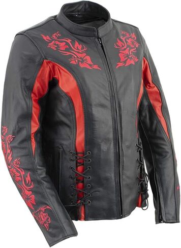 سترة Milwaukee Leather LKL27003 النسائية الفاخرة المطرزة من الجلد باللونين الأسود والأحمر مع حماية درع CE - مقاس 3X-Large in Kuwait