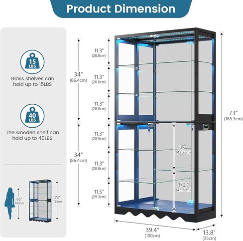 Large Display Cabinet with Glass Doors, 8-Tier RGB Curio Cabinet with Smart Human Induction & Remote Control, 73" Tall Stable Glass Display Case for Collectibles, Figures, Lockable Storage, Black in Saudi Arabia