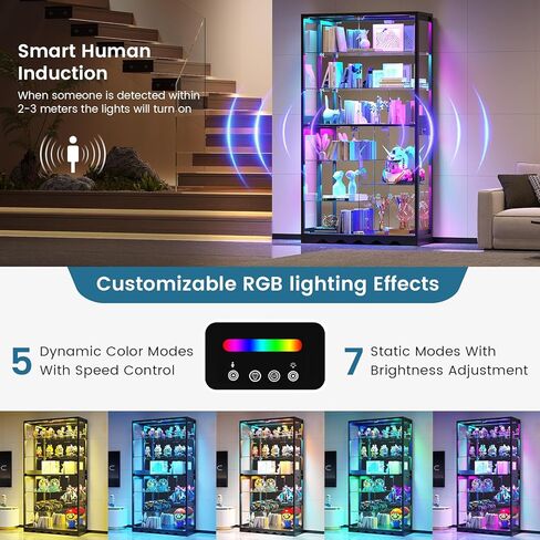 Large Display Cabinet with Glass Doors, 8-Tier RGB Curio Cabinet with Smart Human Induction & Remote Control, 73" Tall Stable Glass Display Case for Collectibles, Figures, Lockable Storage, Black in Saudi Arabia