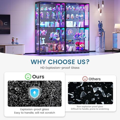 Large Display Cabinet with Glass Doors, 8-Tier RGB Curio Cabinet with Smart Human Induction & Remote Control, 73" Tall Stable Glass Display Case for Collectibles, Figures, Lockable Storage, Black in Saudi Arabia