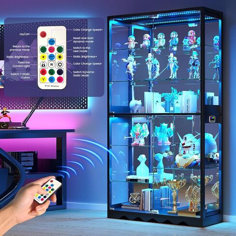 Large Display Cabinet with Glass Doors, 8-Tier RGB Curio Cabinet with Smart Human Induction & Remote Control, 73" Tall Stable Glass Display Case for Collectibles, Figures, Lockable Storage, Black in Saudi Arabia