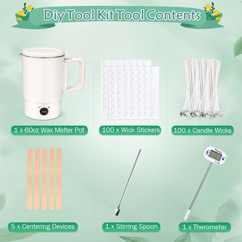 Wax Melter Kit for Candle Making, 1.8L 60OZ Large Candle Melting Pot, DIY Candle Making Supplies for Woman, Included Candle Wicks, Wick Stickers, Centering Device, Stirring Spoon, Mothers Day Gifts in Saudi Arabia
