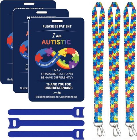 Autism Safety Tag Card with Loop Fastener Strips, Fashionable Lanyards for ID Badges, Cute Puzzle Badge Reel Retractable, Tag for Travel Communication (Pack of 3 Sets) in Saudi Arabia