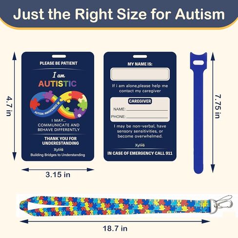 Autism Safety Tag Card with Loop Fastener Strips, Fashionable Lanyards for ID Badges, Cute Puzzle Badge Reel Retractable, Tag for Travel Communication (Pack of 3 Sets) in Saudi Arabia