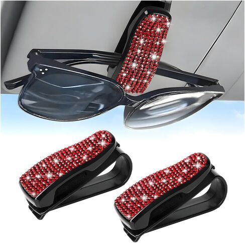 HZEL 2PCS Bling Sunglasses Holder for Car Visor, Crystal Rhinestone Sun Visor Eyeglasses and Ticket Card Mount Clip, Shiny Diamond Auto Glasses Hanger Holder, Universal for Vehicles (Black) in Kuwait