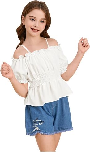 WDIRARA Girl's Cold Shoulder Frill Trim Shirred Puff Short Sleeve Peplum Blouse White 7Y in Saudi Arabia