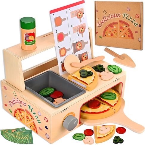 Wooden Pizza Toy, Wooden Pizza Counter Playset with Bake Oven, Montessori Pretend Play Toys, Play Food and Accessories, Cooking Pretend Play Toys for Boys Girls Age 3+ in Saudi Arabia