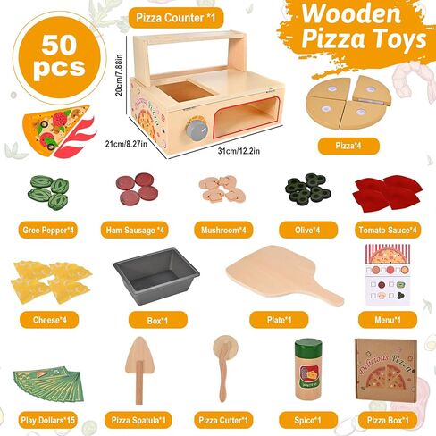 Wooden Pizza Toy, Wooden Pizza Counter Playset with Bake Oven, Montessori Pretend Play Toys, Play Food and Accessories, Cooking Pretend Play Toys for Boys Girls Age 3+ in Saudi Arabia