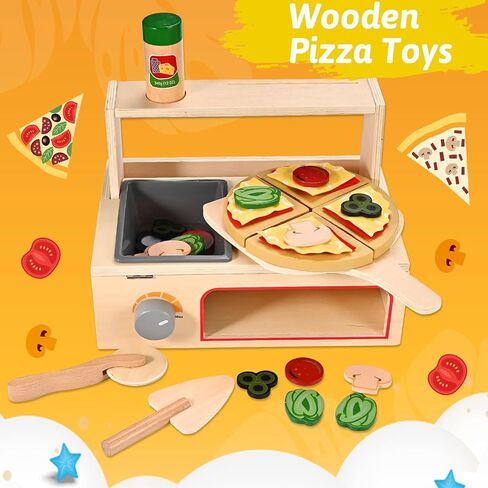 Wooden Pizza Toy, Wooden Pizza Counter Playset with Bake Oven, Montessori Pretend Play Toys, Play Food and Accessories, Cooking Pretend Play Toys for Boys Girls Age 3+ in Saudi Arabia