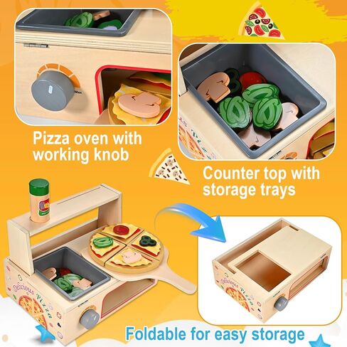 Wooden Pizza Toy, Wooden Pizza Counter Playset with Bake Oven, Montessori Pretend Play Toys, Play Food and Accessories, Cooking Pretend Play Toys for Boys Girls Age 3+ in Saudi Arabia