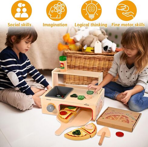 Wooden Pizza Toy, Wooden Pizza Counter Playset with Bake Oven, Montessori Pretend Play Toys, Play Food and Accessories, Cooking Pretend Play Toys for Boys Girls Age 3+ in Saudi Arabia