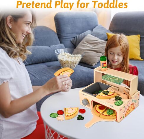 Wooden Pizza Toy, Wooden Pizza Counter Playset with Bake Oven, Montessori Pretend Play Toys, Play Food and Accessories, Cooking Pretend Play Toys for Boys Girls Age 3+ in Saudi Arabia