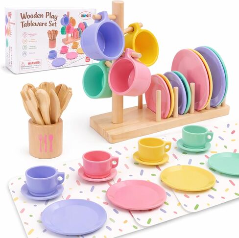 HAPGFS Wooden Play Dishes Set with Integrated Drying Rack and Cup Holder Play Kitchen Accessories for Toddlers Montessori Pretend Play Kitchen Accessories Toy Plates Kitchen Set Gift 1-3 Years in Saudi Arabia