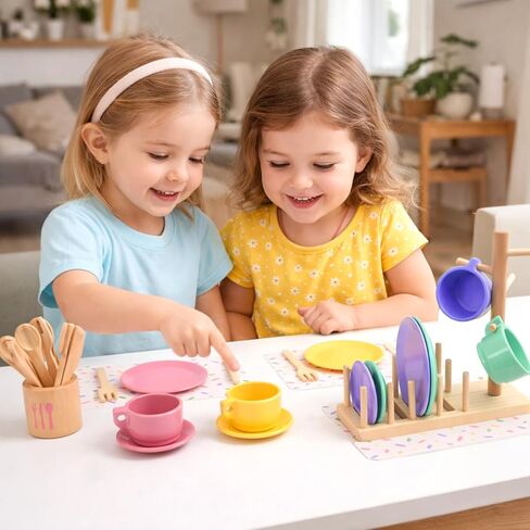 HAPGFS Wooden Play Dishes Set with Integrated Drying Rack and Cup Holder Play Kitchen Accessories for Toddlers Montessori Pretend Play Kitchen Accessories Toy Plates Kitchen Set Gift 1-3 Years in Saudi Arabia