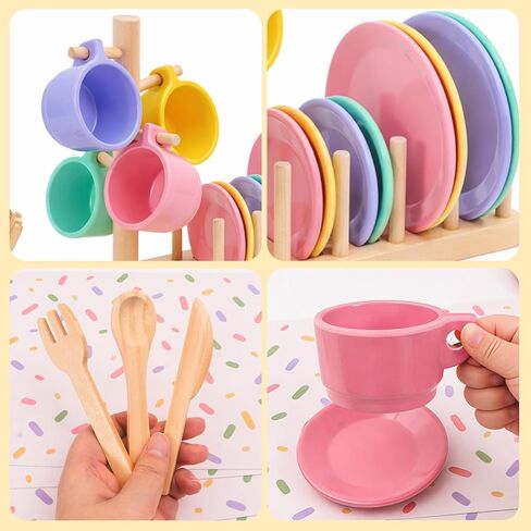HAPGFS Wooden Play Dishes Set with Integrated Drying Rack and Cup Holder Play Kitchen Accessories for Toddlers Montessori Pretend Play Kitchen Accessories Toy Plates Kitchen Set Gift 1-3 Years in Saudi Arabia