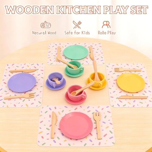 HAPGFS Wooden Play Dishes Set with Integrated Drying Rack and Cup Holder Play Kitchen Accessories for Toddlers Montessori Pretend Play Kitchen Accessories Toy Plates Kitchen Set Gift 1-3 Years in Saudi Arabia