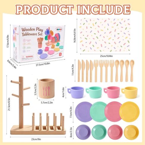 HAPGFS Wooden Play Dishes Set with Integrated Drying Rack and Cup Holder Play Kitchen Accessories for Toddlers Montessori Pretend Play Kitchen Accessories Toy Plates Kitchen Set Gift 1-3 Years in Saudi Arabia