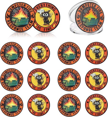 Kenning 12 Pcs Dumpster Fire Response Team Challenge Coins, Funny Office Gifts for Coworkers, Black Cat Everything is Fine Novelty Coins, Double Sided Hilarious Medallion Desk Accessories for Staff in Kuwait
