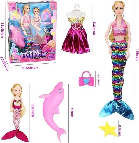Baljinder Magical Mermaid Dolls with Little Mermaid | Summer Princess Doll & Color Change Dolphin Playset for Water Swimming | Mermaid Pool Toys for Girls 4-7 | Birthday Party Christmas in Saudi Arabia